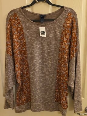 Buckle Daytrip - Brown &Taupe Knit Top with Rust Floral Panels Mixed Media Top